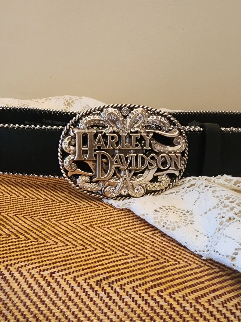 Harley-Davidson Black Leather Belt with Ornate Silver Logo Buckle